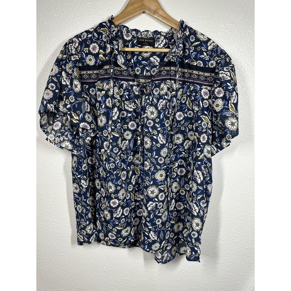 Lane Bryant Tops - Lane Bryant Shirt Womens 18 Blue Floral Boho Peasant Tie Neck Short Sleeve Top